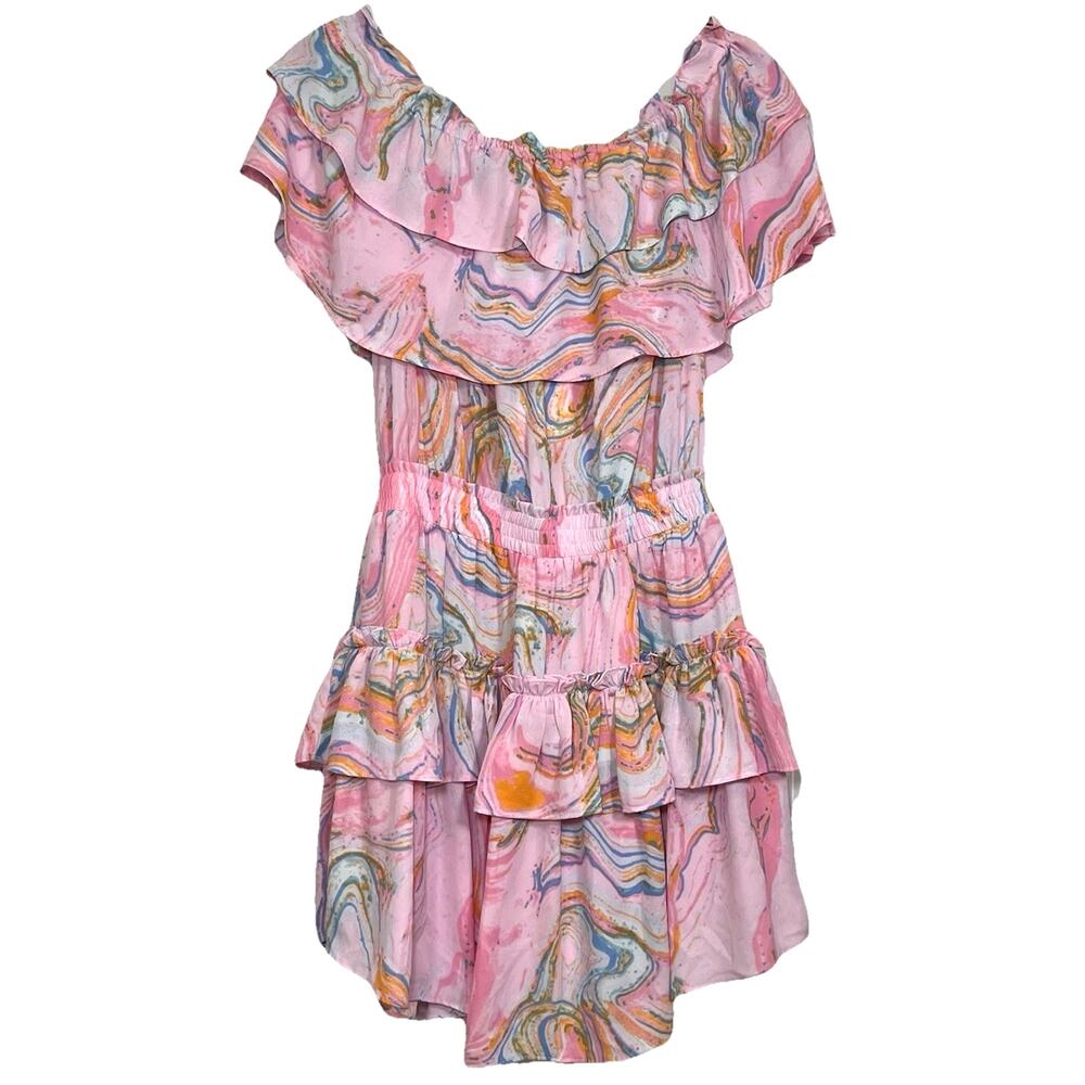 Buddy Love Dress Size M Pink Swirl Off Shoulder Smocked Waist Chiffon Mini NWT - Picture 2 of 12